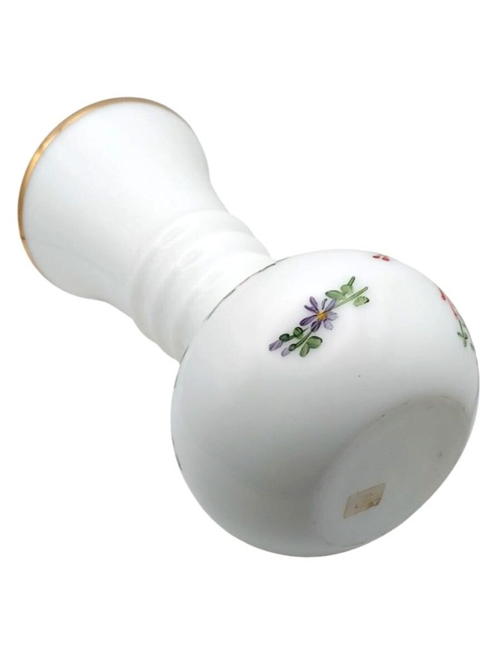 Milk Glass Ball Vase Hand Painted Floral Ribbed Gold Trim Vintage Cottagecore - Picture 4 of 7